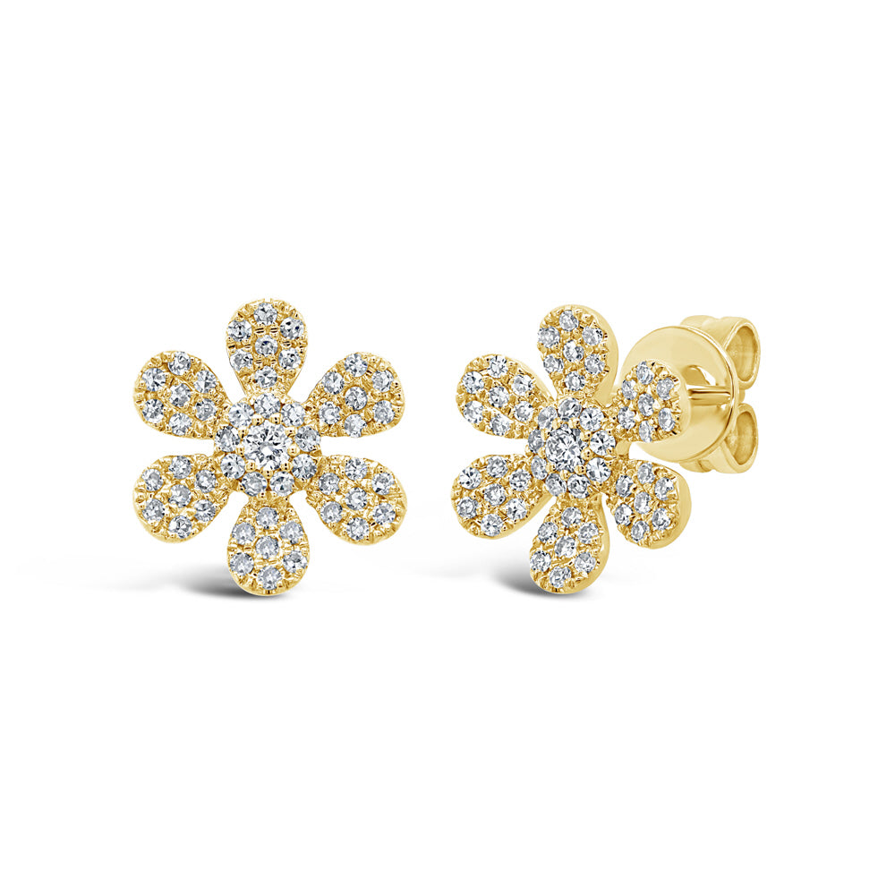 Diamond Flower Stud Earrings Round Cut 14KT Gold
