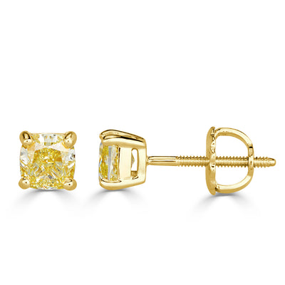 1.20ct Fancy Intense Yellow Cushion Cut Diamond Stud Earrings