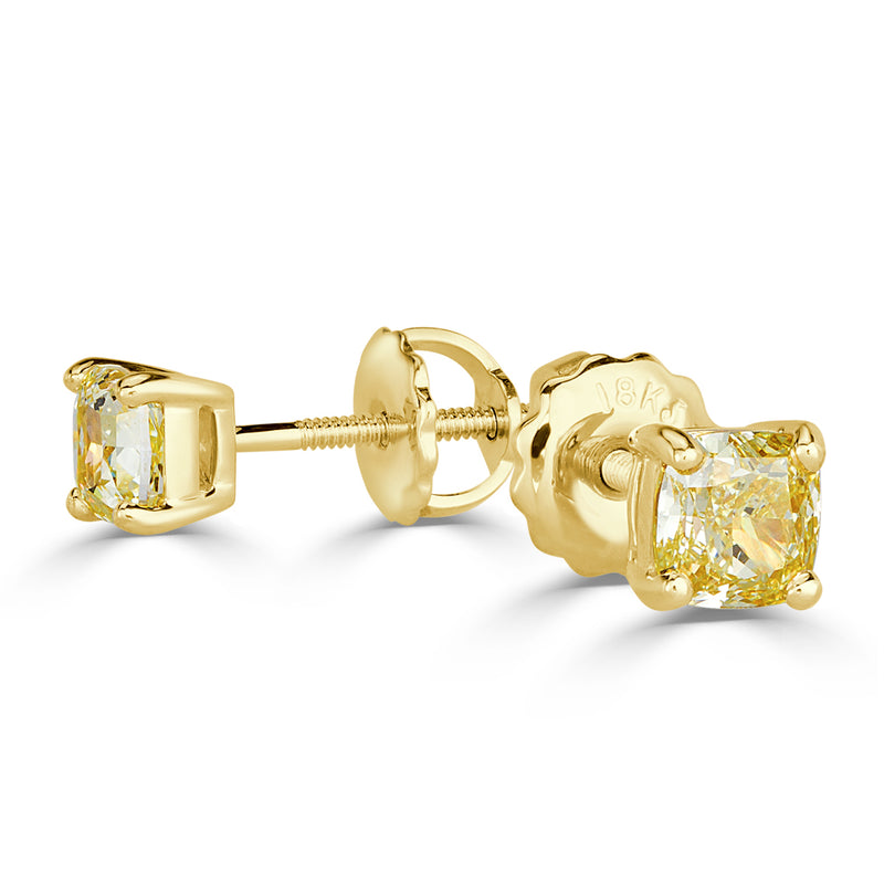 1.20ct Fancy Intense Yellow Cushion Cut Diamond Stud Earrings