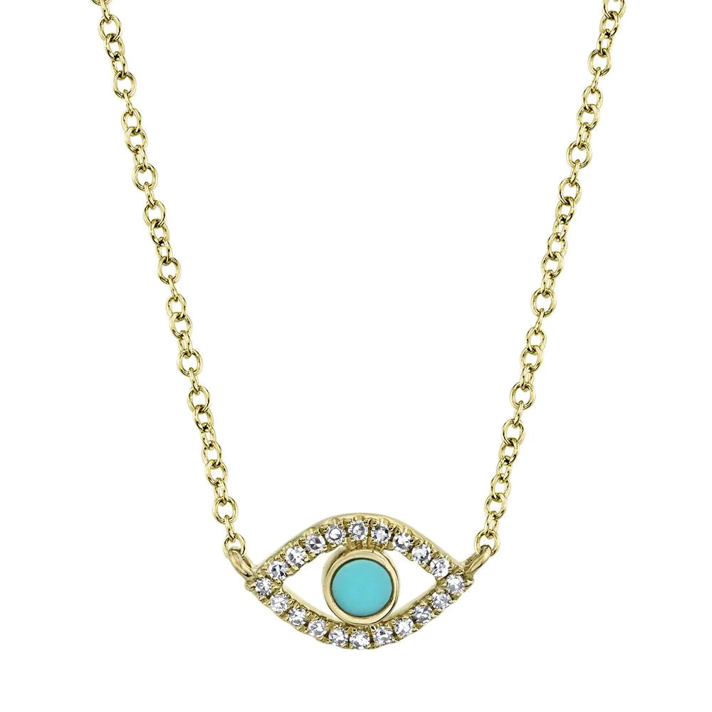 0.13ct Turquoise and Diamond Evil Eye Necklace in 14K Yellow Gold