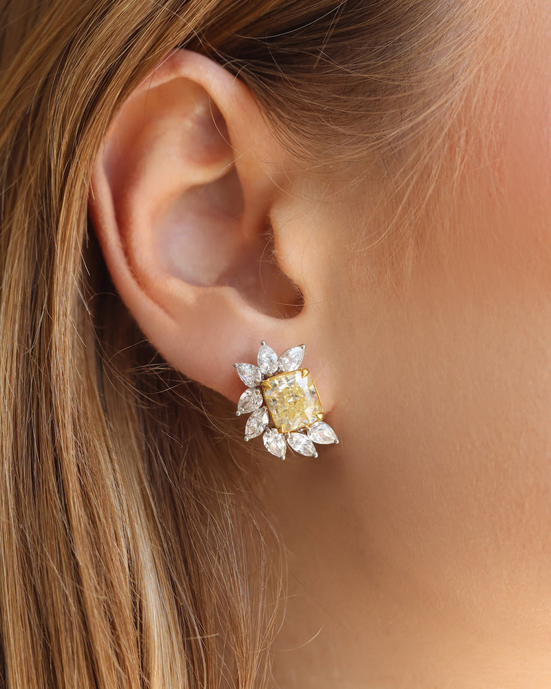 8.82ct Fancy Yellow Radiant and Colorless Marquise Cut Diamond Cluster Stud Earrings