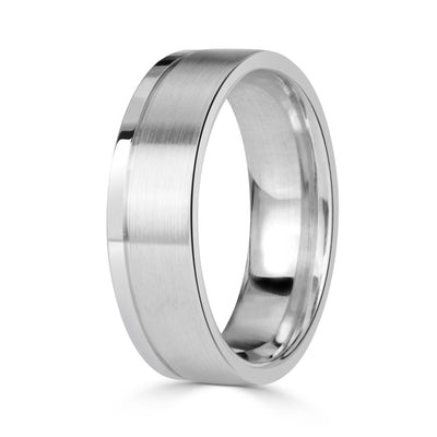 Men's Off-Centered Groove Half Satin Wedding Band in 18K White Gold 6mm