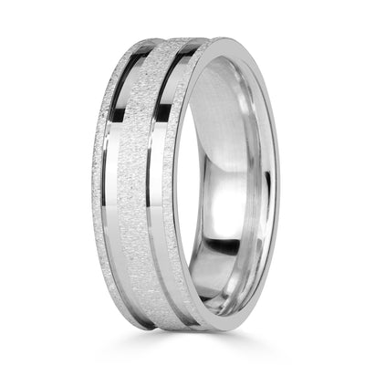 Men's Gooved Stone Finished Wedding Band in 14k White Gold 6mm