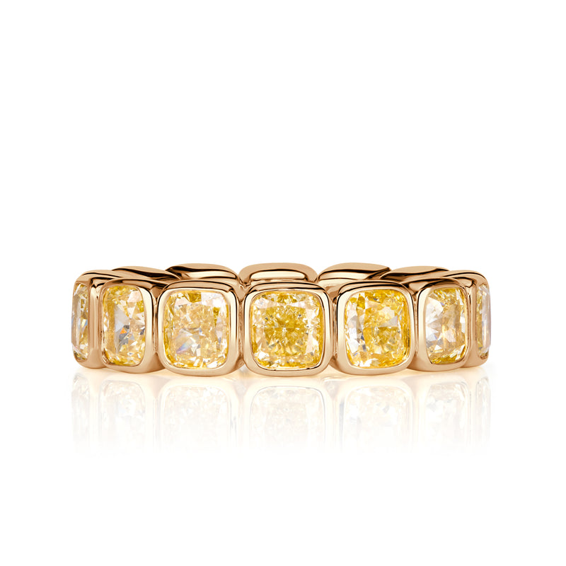 7.56ct Fancy Yellow Cushion Cut Diamond Bezel Set Eternity Band in 18K Yellow Gold