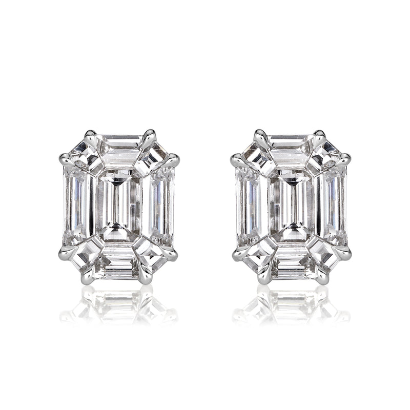 2.60ct Emerald Cut Mosaic Diamond Stud Earrings in 18K White Gold