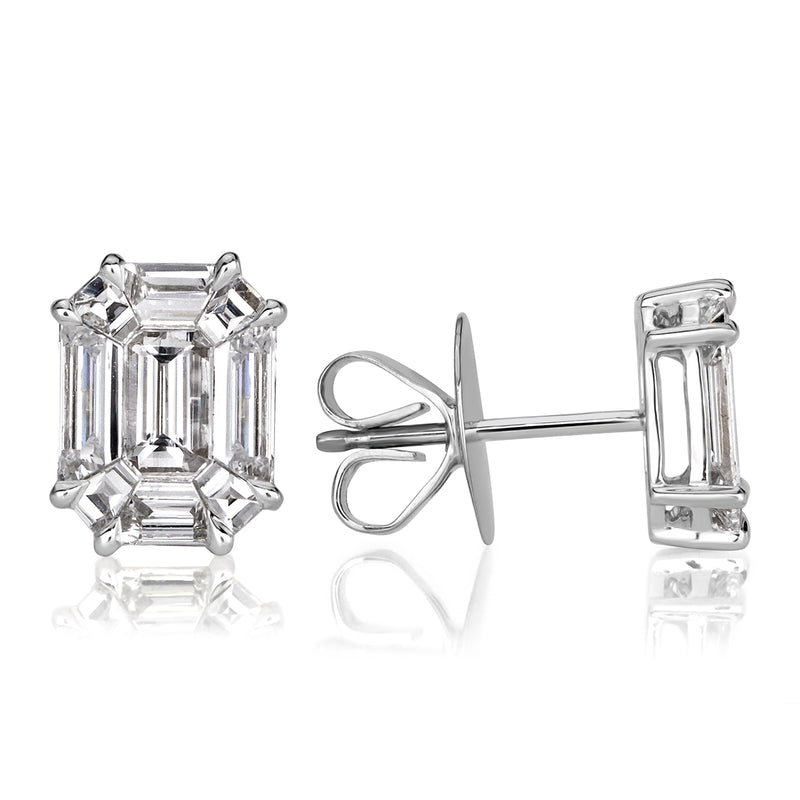 2.60ct Emerald Cut Mosaic Diamond Stud Earrings in 18K White Gold