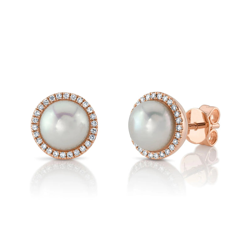 0.16ct Round Brilliant Cut Diamond & Pearl Stud Earrings in 14K Rose Gold