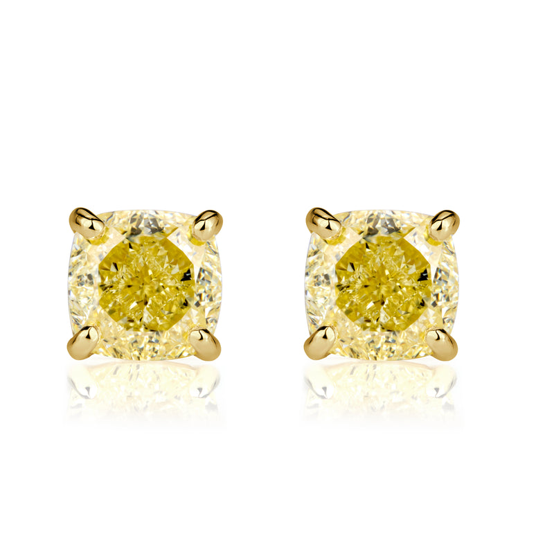 2.03ct Fancy Yellow Cushion Cut Diamond Stud Earrings