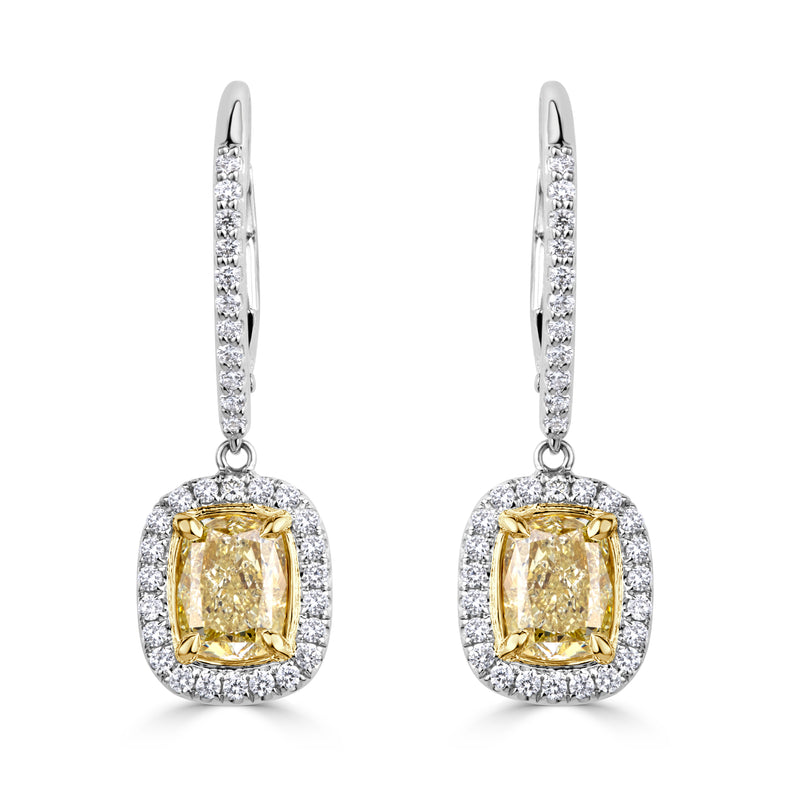 2.39ct Fancy Yellow Cushion Cut Diamond Dangle Earrings