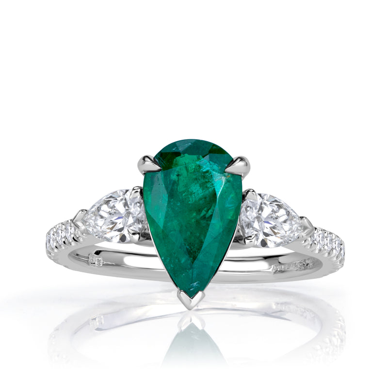 1.99ct Pear Shaped Green Emerald and Diamond Engagement Ring