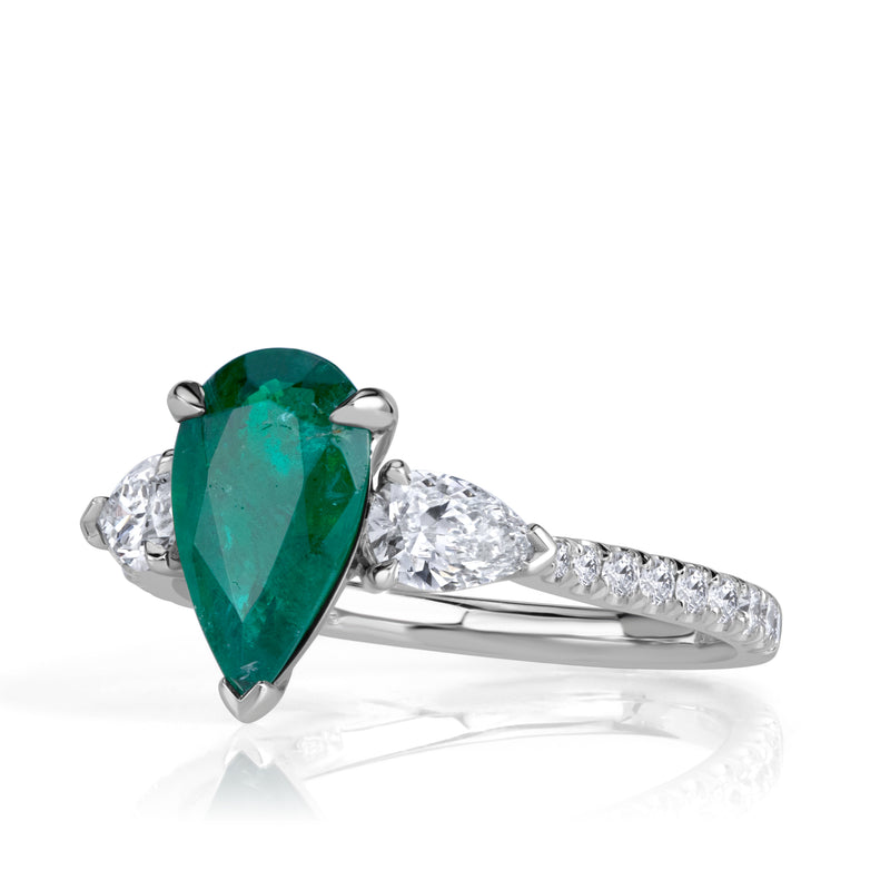 1.99ct Pear Shaped Green Emerald and Diamond Engagement Ring