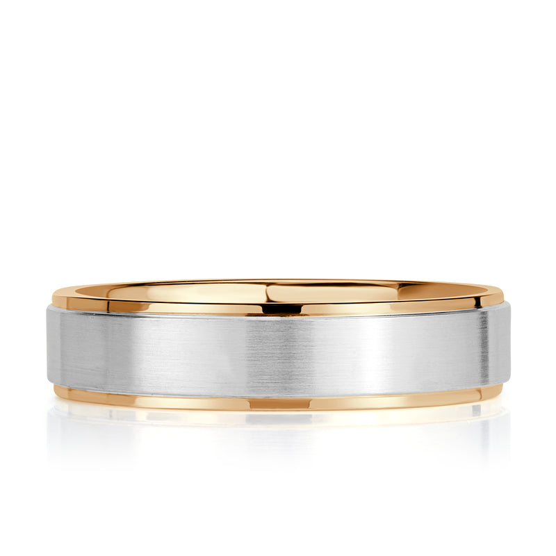 Men's Step Edge Two-Tone Wedding Band in 14K White and Yellow Gold 6.0mm