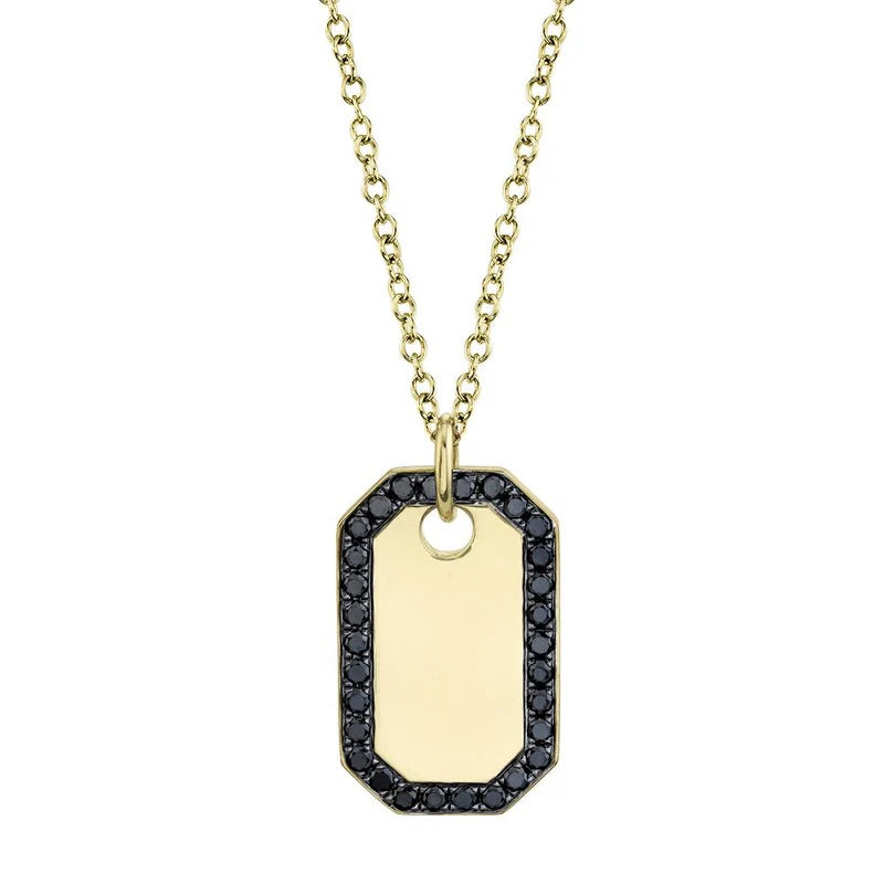 0.40ct Fancy Black Round Brilliant Cut Diamond Dog Tag Necklace in 14K Yellow Gold