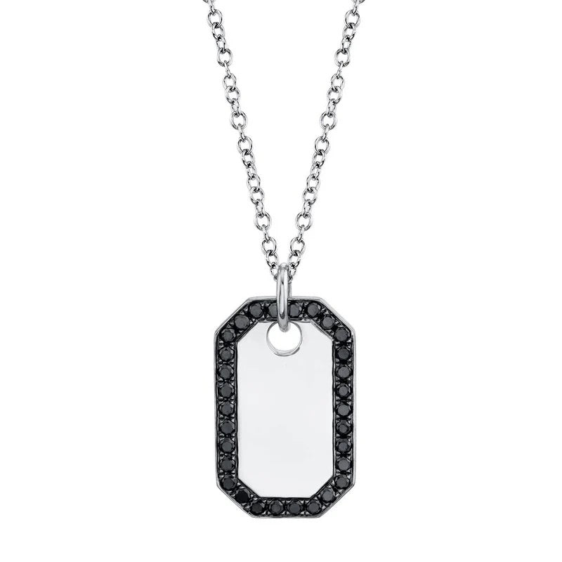 0.40ct Fancy Black Round Brilliant Cut Diamond Dog Tag Necklace in 14K White Gold