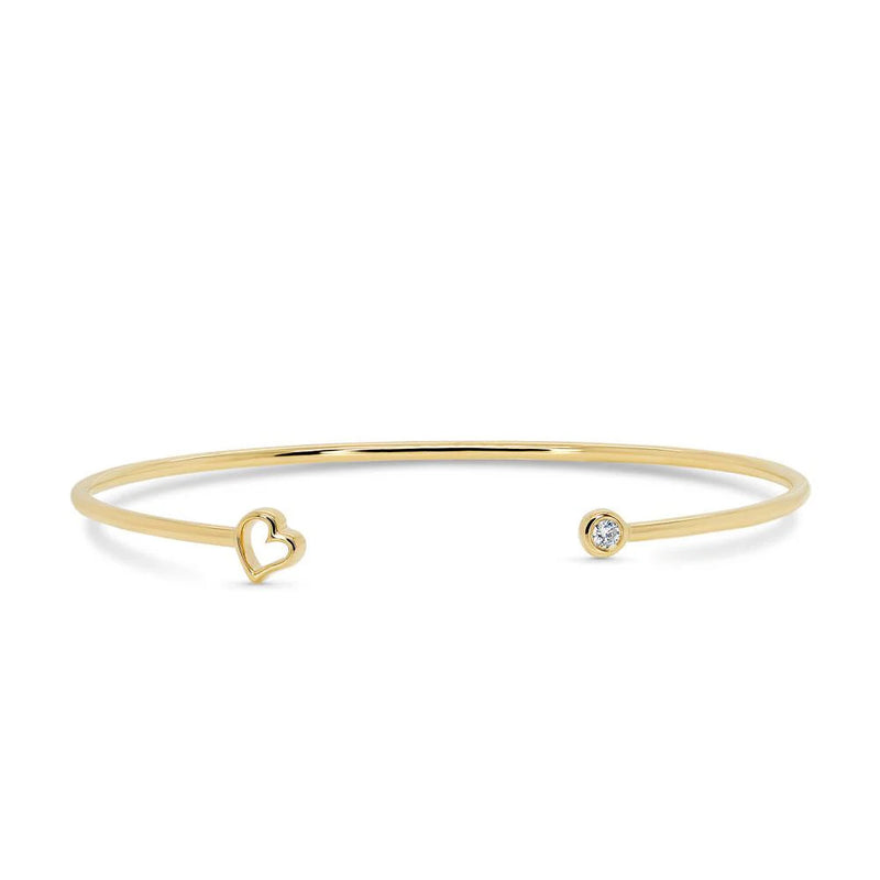 0.04ct Round Brilliant Cut Diamond and Heart Shaped Flexible Bangle in 14K Yellow Gold