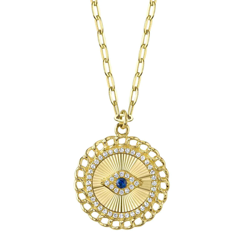 0.11ct Round Brilliant Cut Diamond and 0.04ct Blue Sapphire Evil Eye Necklace in 14K Yellow Gold