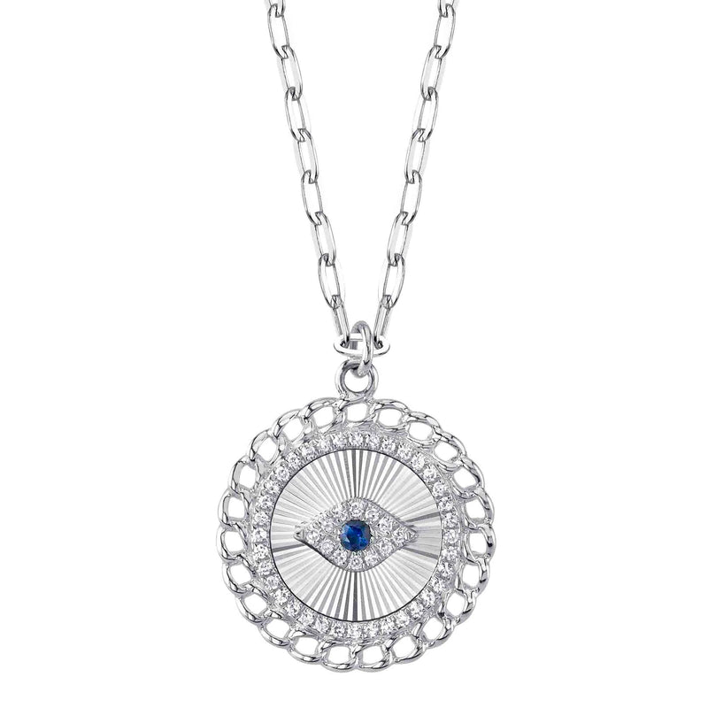 0.11ct Round Brilliant Cut Diamond and 0.04ct Blue Sapphire Evil Eye Necklace in 14K White Gold