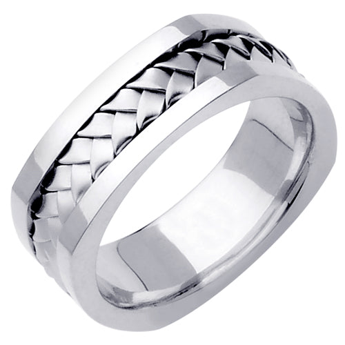 Men's Hand Braided Euro Shank Wedding Band in 18k White Gold 7.5mm