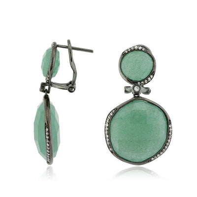 35.13ct Rose Cut Green Agate and Diamond Earrings