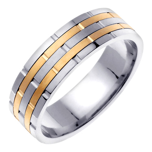 Men's Two-Tone Brick Design Wedding Band in 18k White and Yellow Gold 6.5mm