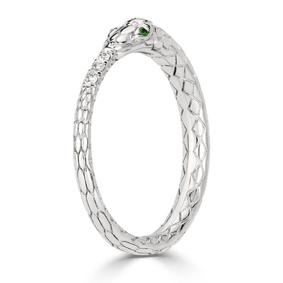 0.07ct Diamond and Tsavorite Ouroboros Snake Ring in 14k White Gold