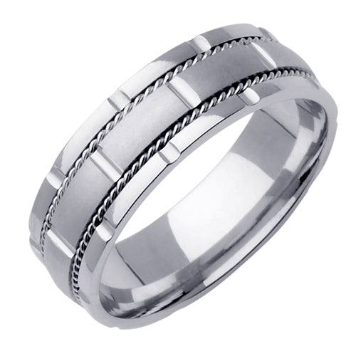 Men's Handcrafted Brick Detail Wedding Band in 18k White Gold 7.0mm