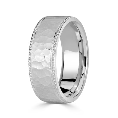 Men's Polished Hammered Finish Wedding Band in 14k White Gold 7.0mm