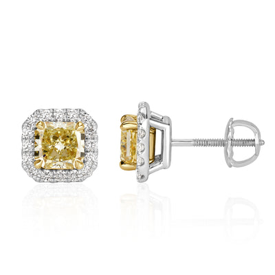 2.70ct Fancy Yellow Radiant Cut Diamond Halo Stud Earrings