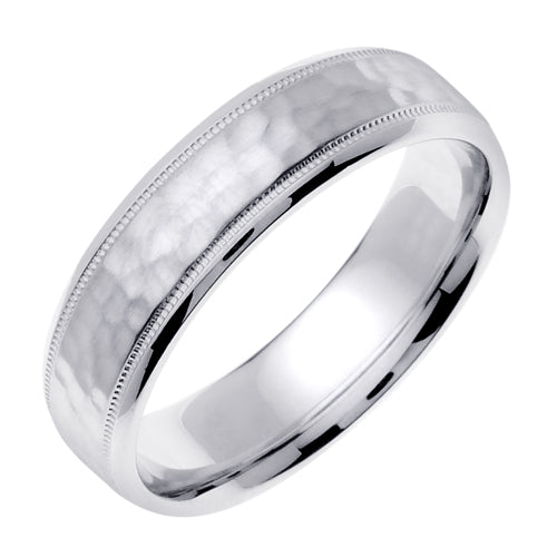 Men's Handmade Hammered Finish Wedding Band in 14k White Gold 6.0mm