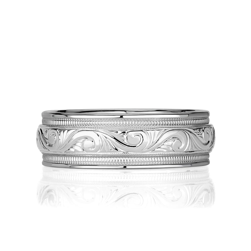 Men's Hand Engraved Wedding Band in 14k White Gold 7.0mm