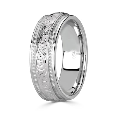 Men's Hand Engraved Wedding Band in 14k White Gold 7.0mm